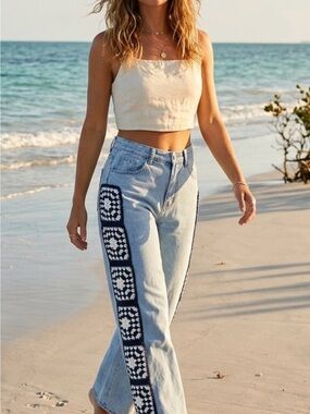 Vici Light Blue Wide-Leg Jeans with Navy Crochet Side Panels NWOT